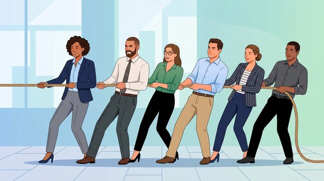 Diverse business team playing tug of  war outdoors - teamwork and collaboration concept made by AI generative