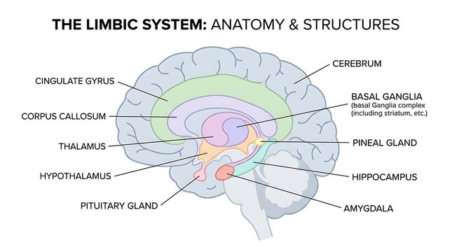 Diagram of the limbic system in the human brain with labeled, thalamus