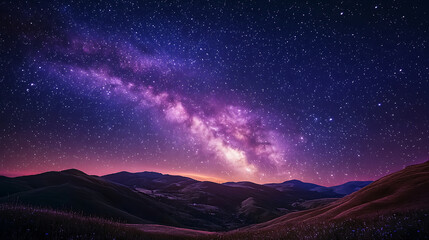 Obraz premium Vibrant Milky Way galaxy shining above a serene mountain landscape with dramatic peaks and clear night skies.