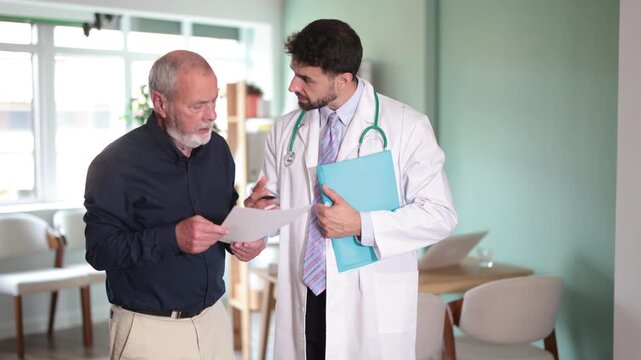 Male doctor and mature man patient examine papers, discuss medical tests result. Specialist interprets tests, tells you action plan to achieve goals of treatment