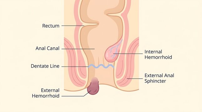 Anatomical diagram of female reproductive system with hemorrhoids