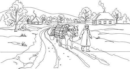 Obraz premium A person leads a horse-drawn cart along a rural road in a winter landscape.