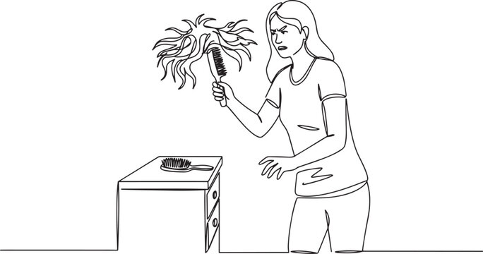 Woman frustrated by cleaning dust with a feather duster on a table.