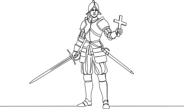 Line drawing of a conquistador in full armor holding a cross and sword.