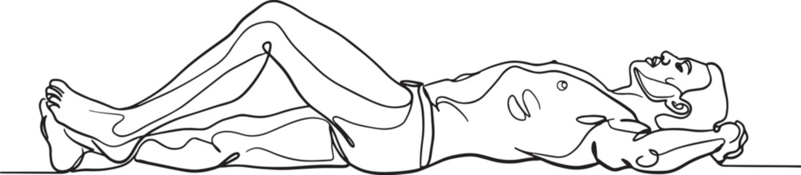 A person is lying on their back with their legs bent and arms at their sides.