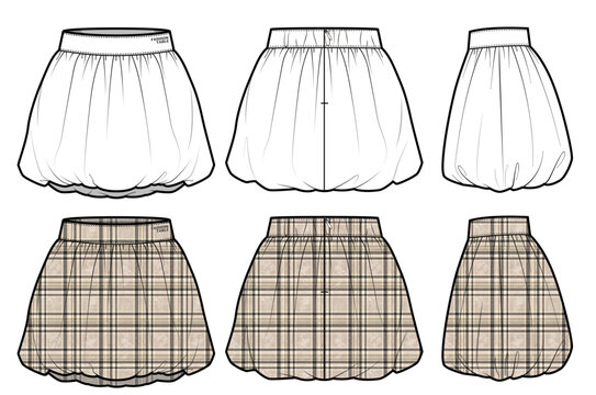 Mini Balloon Bubble Skirt Bundle Set Fashion Flat Sketch Technical Drawing Vector Illustration