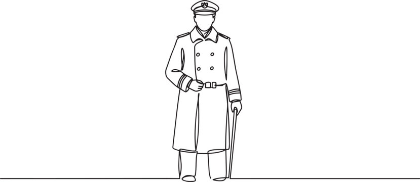 Line drawing of a man in a military uniform with a hat and cane.