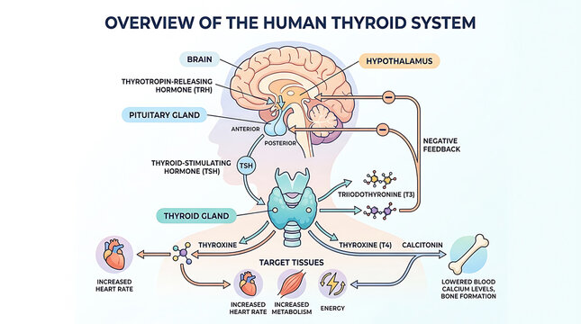 Overview of the human thyroid system with brain heart kidneys