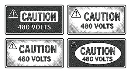 Obraz premium A collection of four black and white caution 480 volts electrical hazard warning signs in a hand-drawn style