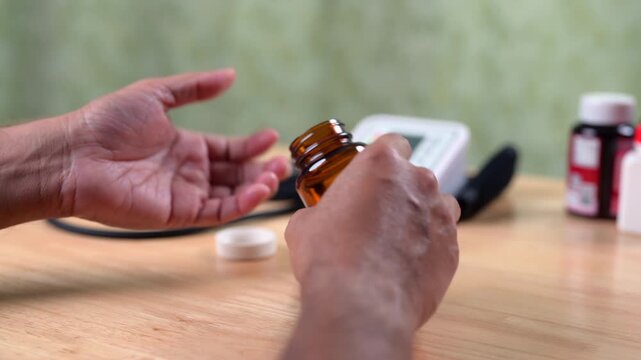 Adult male patient carefully pours daily medicine capsule out brown glass bottle inside palm, sitting near electronic blood pressure monitor device placed over wooden table surface inside domestic.