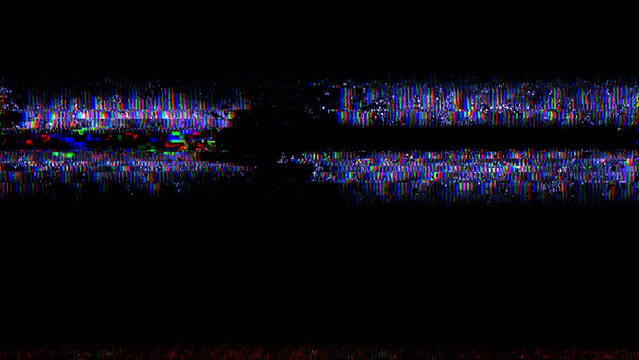 Colorful digital glitch overlay on black background, abstract RGB distortion effect with scan lines, noise, pixel damage and cyberpunk interference for video, poster, music cover or futuristic design.