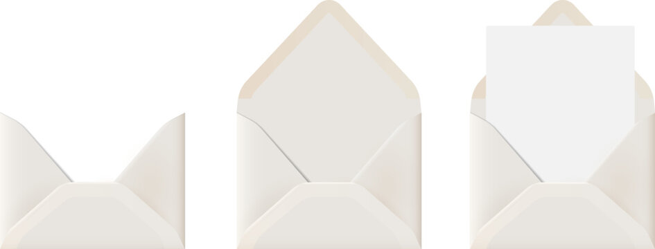 Beige realistic envelope, set of open,open with blank sheet paper inside, half envelope