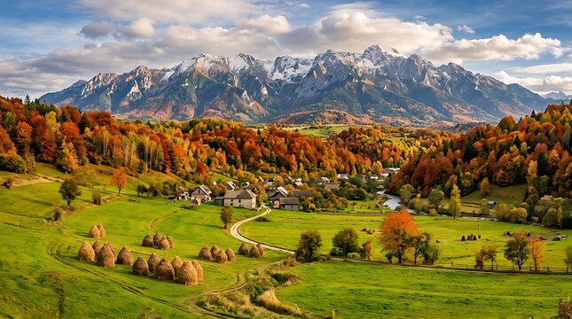 Colorful Autumn Village Nestled in Green Valley Below Snowy Mountain Range