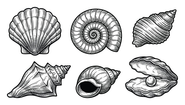 A collection of hand-drawn sea shells and a pearl in an oyster, isolated on a white background in a vintage engraving style