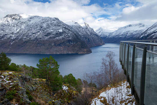 A beautiful viewpoint between Hellesylt and Stranda towards Geirangerfjord. A springtime scenery in Sunnmore Alps, More og Romsdale, Norway.
