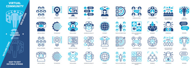 Fototapeta premium Virtual Community icon set. Members, Cyberspace, Social Network, Chat, Message, Technology, Platform, Influence. Duotone color solid and editable outline icons