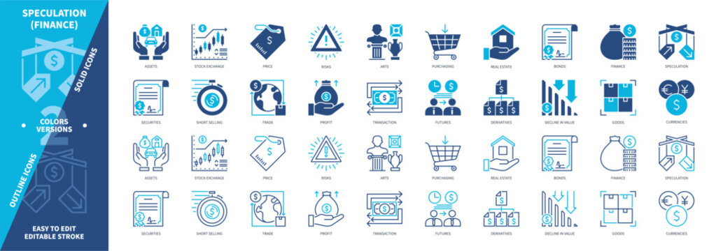 Speculation icon set. Purchasing, Transaction, Arts, Stock Exchange, Short Selling, Price, Securities, Currencies. Duotone color solid and editable outline icons