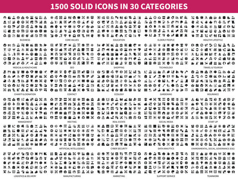 Mega bundle of solid icons. Contains such icon collection as data analytics, shopping, medical and healthcare, teamwork, marketing. Vector pictogram pack
