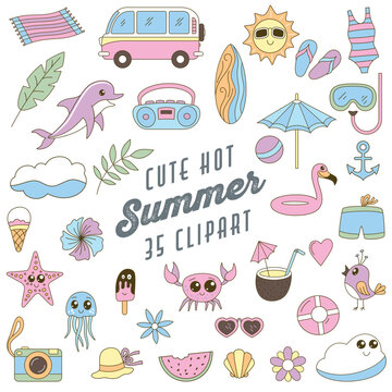 Summer set in cartoon retro style. Summer holidays design signs. Tourist Bus, Dolphin, Boombox Speaker, Camera, Flowers etc. Vector collection of pastel colorful icons