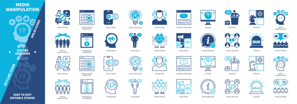 Media Manipulation icon set. Astroturfing, Hoaxing, Fake Content, Distraction, Clickbait, Misinformation, Activism, Rhetoric. Duotone color solid and editable outline icons