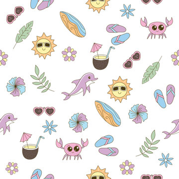 Summer Seamless Pattern. Decorative Ornament. Dolphin, surf, sun, cocktail. Seamless Texture for Textile, Wallpapers, Backgrounds and Wrapping