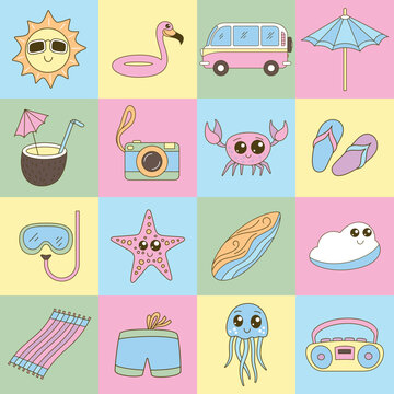 Summer Seamless Pattern. Decorative Ornament. jellyfish, surf, Cloud, mask. Seamless Texture for Textile, Wallpapers, Backgrounds and Wrapping