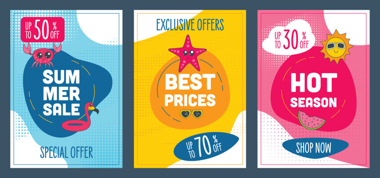 Vibrant color sale badges and labels for summer seasonal promotion isolated on white background