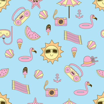 Summer Seamless Pattern. Decorative Ornament. Shell, Ice cream, sun, Flamingo. Seamless Texture for Textile, Wallpapers, Backgrounds