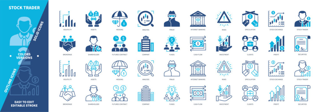 Stock Trader icon set. Assets, Shareholder, Profit, Analyst, Fraud, Securities, Stockbroker, Clients. Duotone color solid and editable outline icons