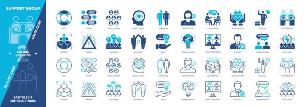 Support Group icon set. Problem, Members, Advice, Solution, Help, Advocacy, Social Network, Compassion. Duotone color solid and editable outline icons