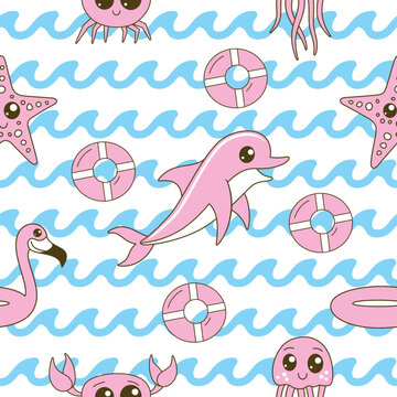 Summer Seamless Pattern with wave and Dolphin. Decorative Ornament. Seamless Texture for Textile, Wallpapers, Backgrounds and Wrapping
