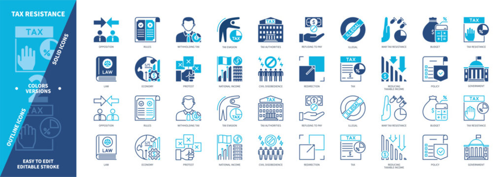 Tax Resistance icon set. Budget, Opposition, Avoidance, Withholding Tax, Taxation, Money, Economy, Law. Duotone color solid and editable outline icons
