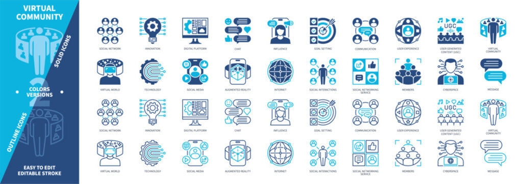 Virtual Community icon set. Members, Cyberspace, Social Network, Chat, Message, Technology, Platform, Influence. Duotone color solid and editable outline icons