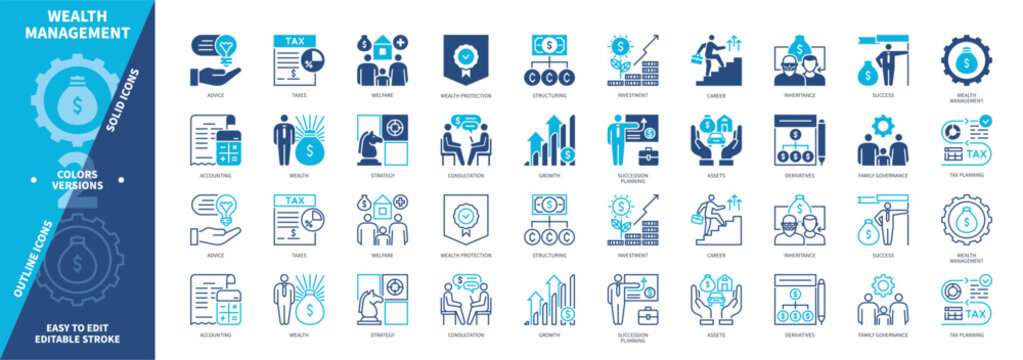 Wealth Management icon set. Structuring, Taxes, Family Governance, Estate Planning, Advice, Investment, Growth, Welfare. Duotone color solid and editable outline icons