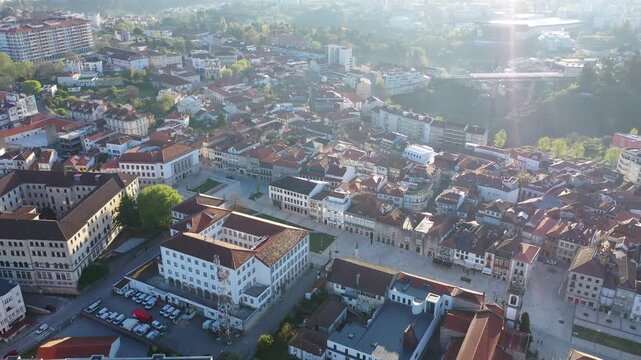 Bird's eye view of Portuguese city Vila Real with view of residential buildings.