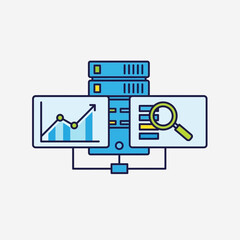 Obraz premium Illustration of a computer server with data analysis and search icons.