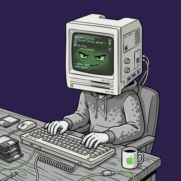 Vintage Tech Geek with CRT Monitor Head Typing on Keyboard