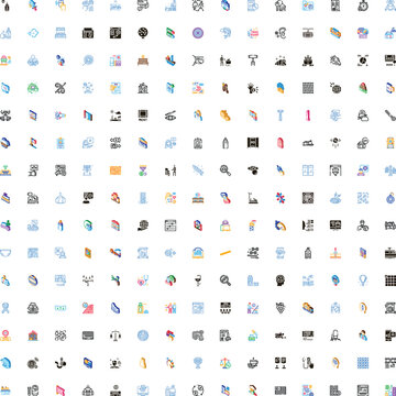 Diverse set of small, colorful isometric icons representing concepts like web design, digital technology, communication, business, shopping, healthcare, and education on a white background