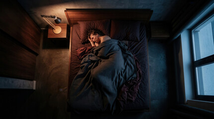 Fototapeta premium Woman Sleeping in Dark Room At Night With Bed and Beautiful Lamp Lighting