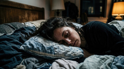 Obraz premium Woman Sleeping on Bed at Home, Expression of Relaxation and Well-Being