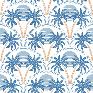 Stylish seamless pattern showcasing blue palm trees, layered arches, and coastal-inspired motifs.