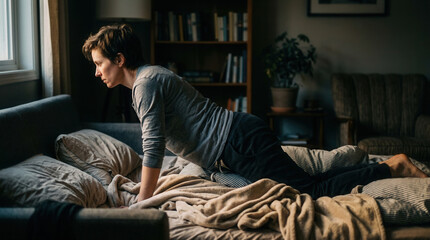 Fototapeta premium Woman Slowly Getting Out of Bed in a Cozy and Peaceful Bedroom Setting
