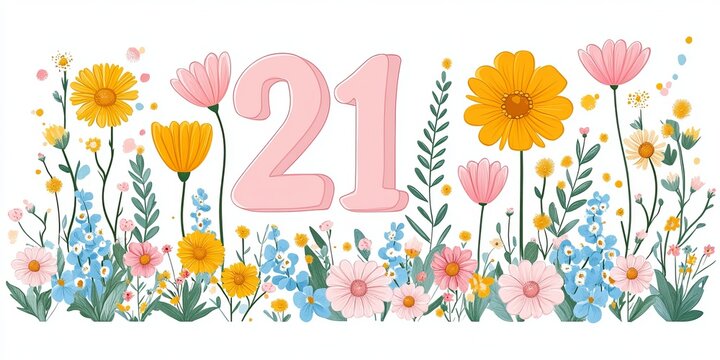 Vibrant and Unique Cartoon 21st Birthday Background with Light Pink Pastel Numbers in Floral Garden