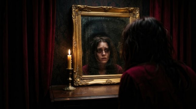 Woman Gazing Scaredly At Her Reflection In An Ornate, Antique Mirror Illuminated By Candlelight