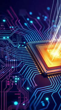 Abstract digital circuit board with glowing neon lines and a central glowing processor, symbolizing technology and data flow, ideal for tech concepts.