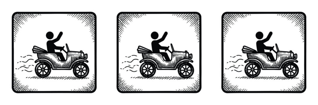 A set of three vintage-style featuring a stick figure driving a classic convertible car and waving hello