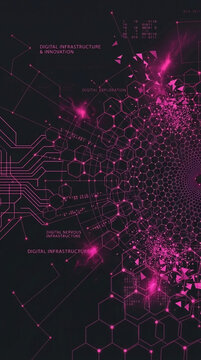 Abstract digital network with pink geometric shapes and binary code, representing technological innovation and data flow, suitable for futuristic concepts.