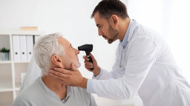 "Male dermatologist examining senior patient with dermatoscopy in medical clinic"