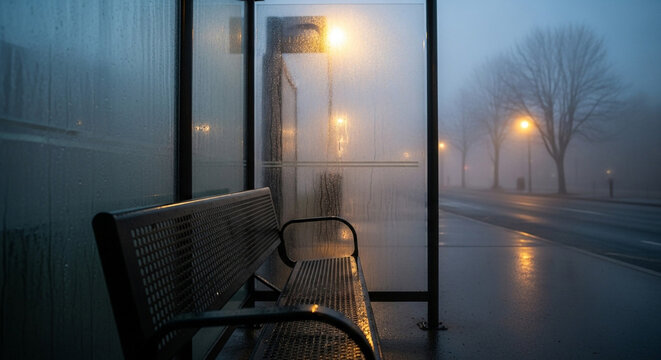 Empty bus stop shelter on a foggy, wet street at night with glowing streetlights reflecting on pavement