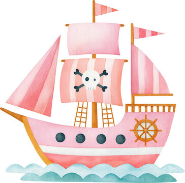 Watercolor illustration of a cute pink pirate ship sailing on water isolated on transparent background.